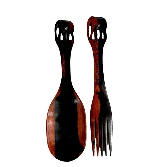 Hakuna Matata Hand Carved Wooden 12 Inch Salad Set - Picture 1 of 6